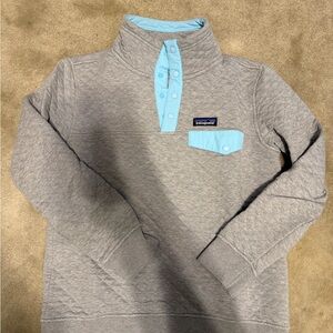 Patagonia Quilted Gray Pullover with Light Blue Snap Placket